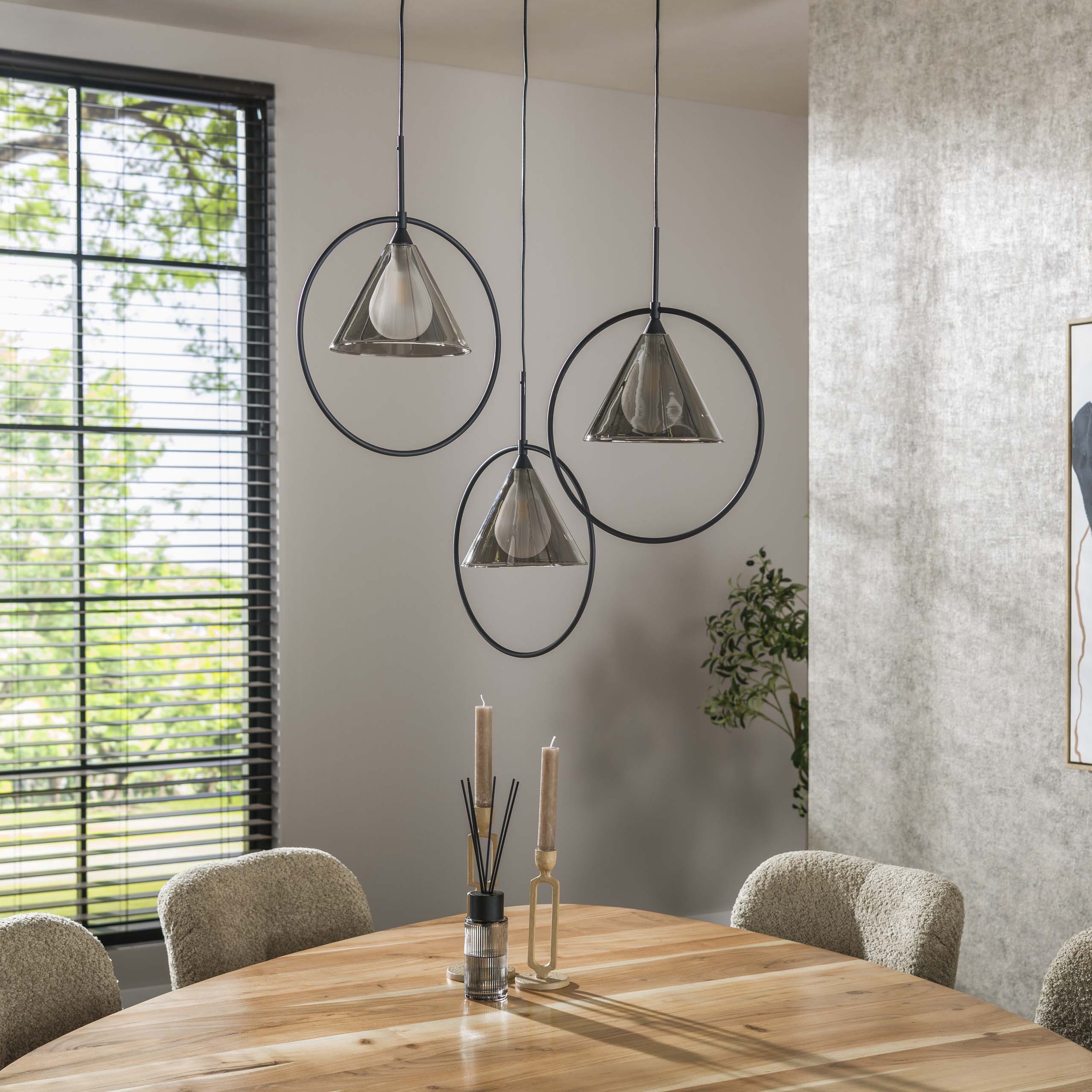 Hanging lamp 3L ring stepped tapered shade (G9) / Smoke gray glass