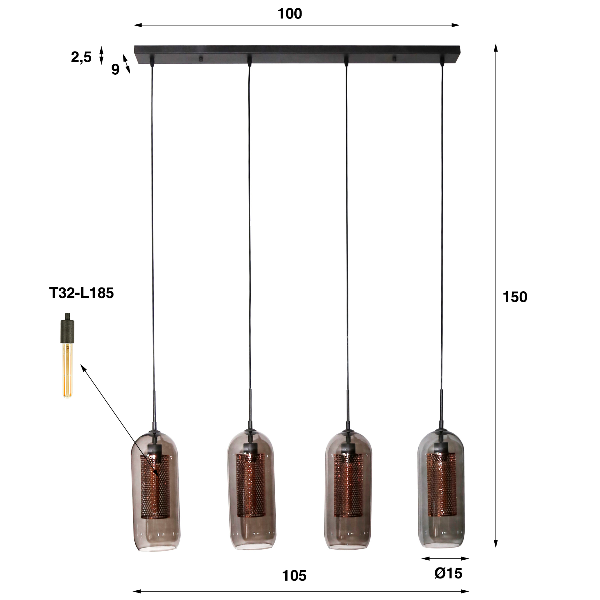 Lámpara colgante 4L cristal ahumado acero perforado / Negro ártico