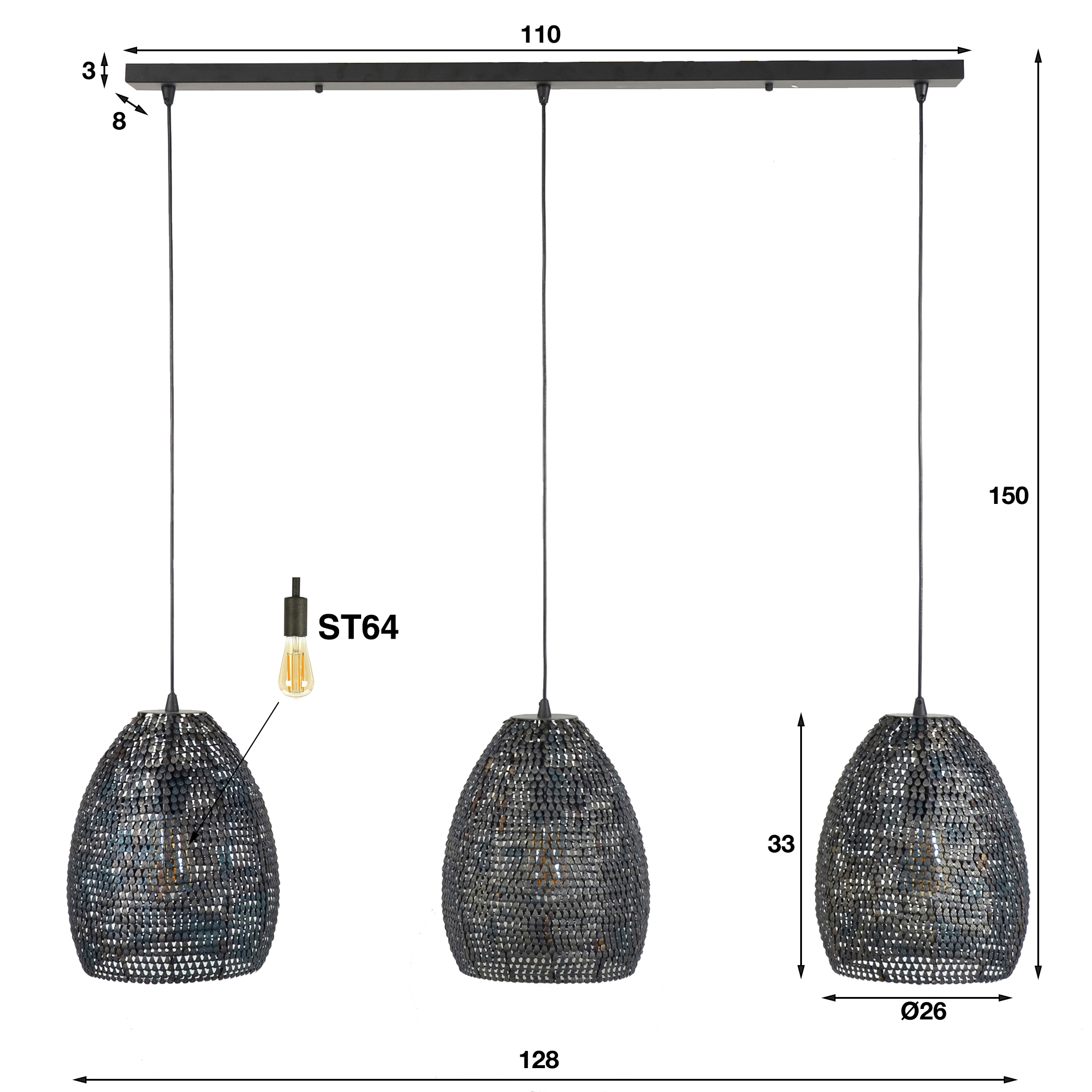 Hanging lamp 3x Ø26 armor oval / Black brown