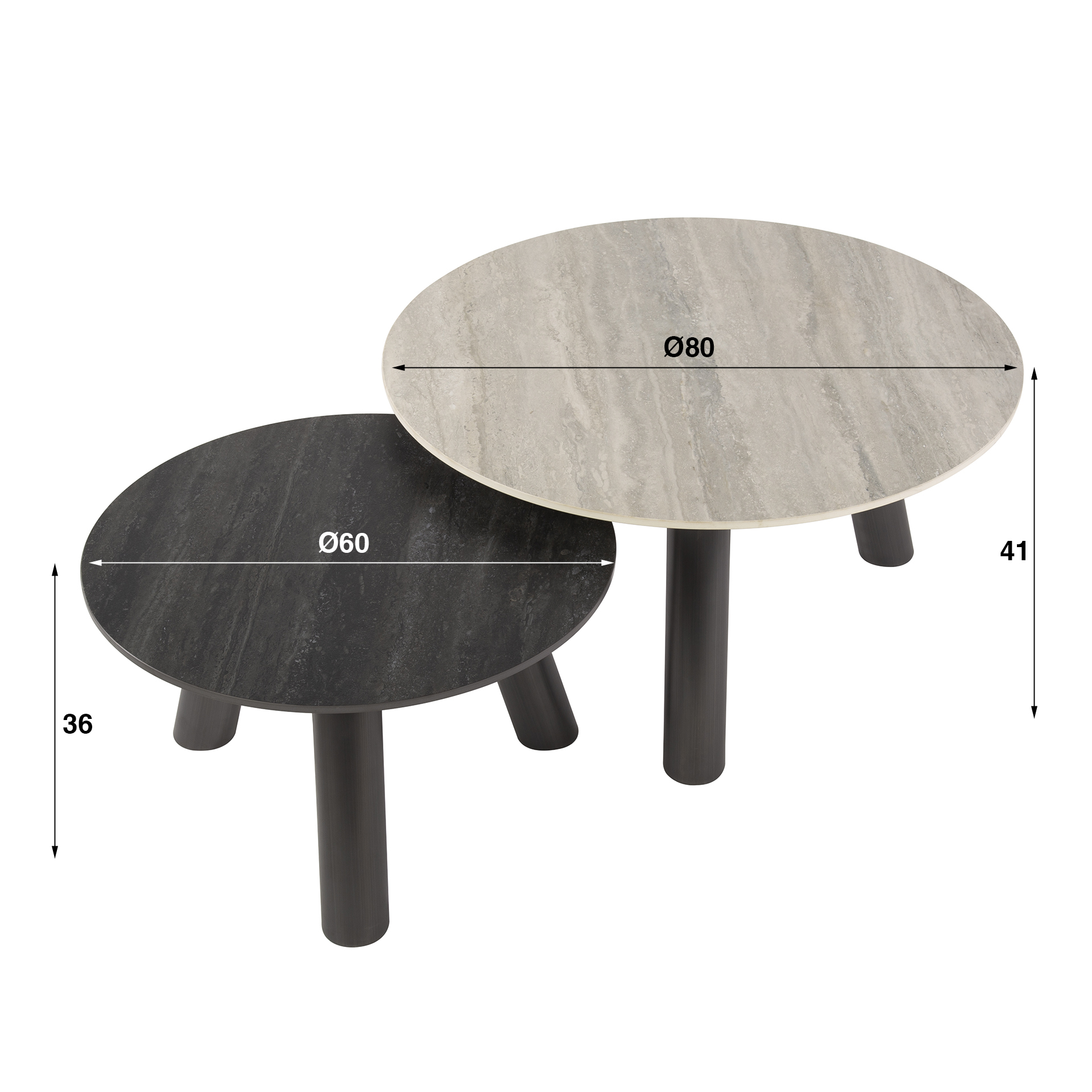 Mesa de centro Twin round - Juego de 2 - Travertino negro/gris