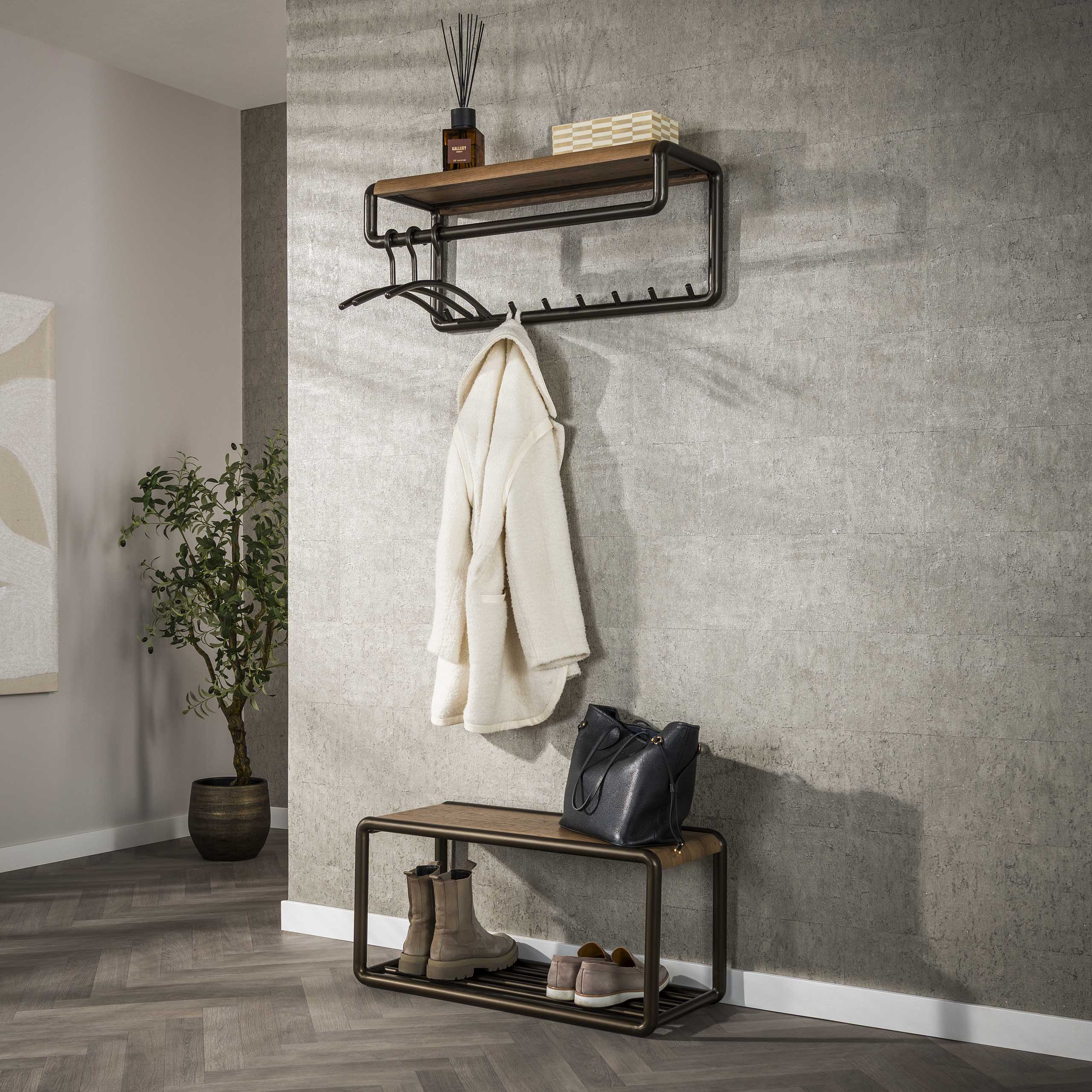 Perchero Luno barra y estante para sombreros 8 ganchos - Drift brown