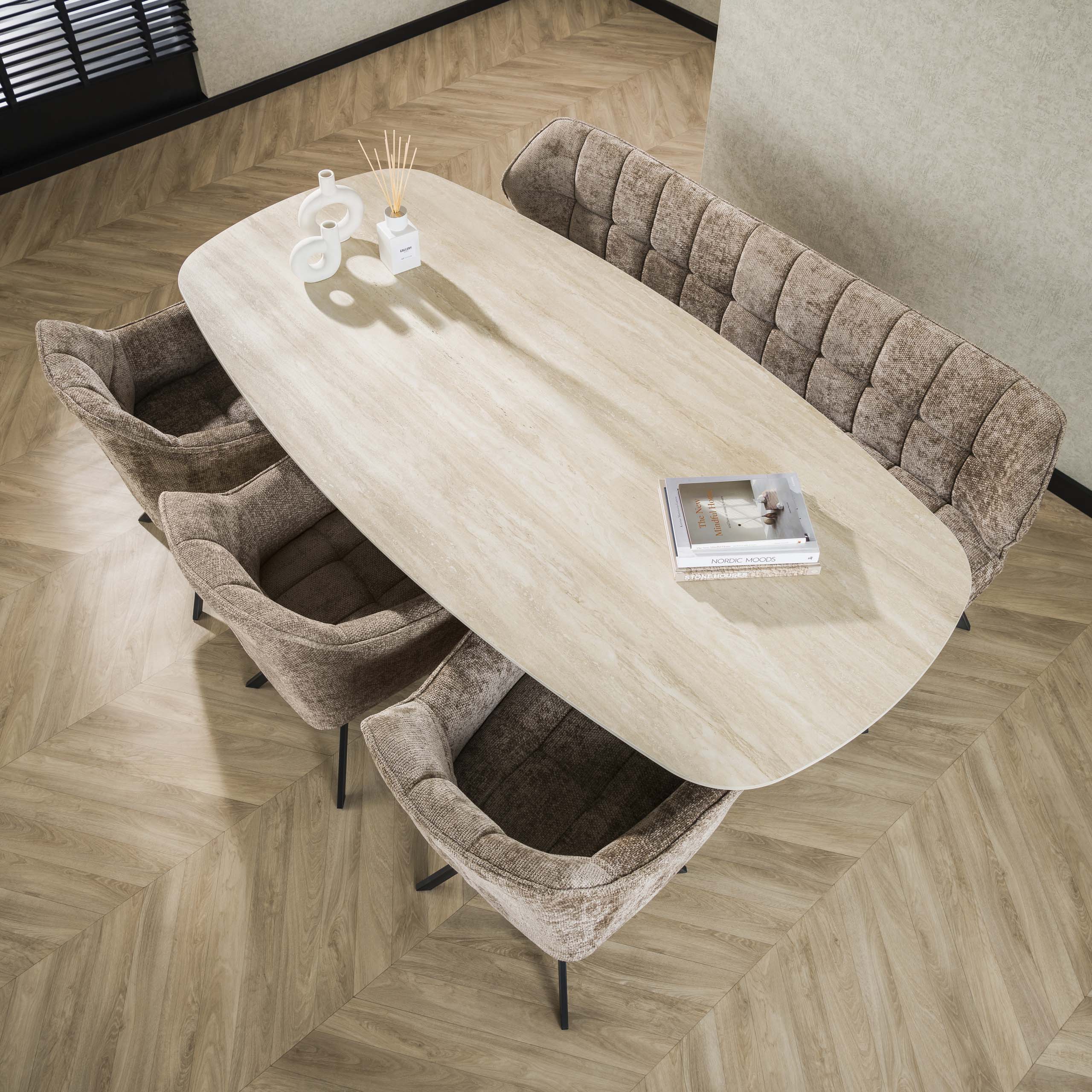 Mesa de comedor ovalada Romano Cross 215 cm - travertino cerámico 3D