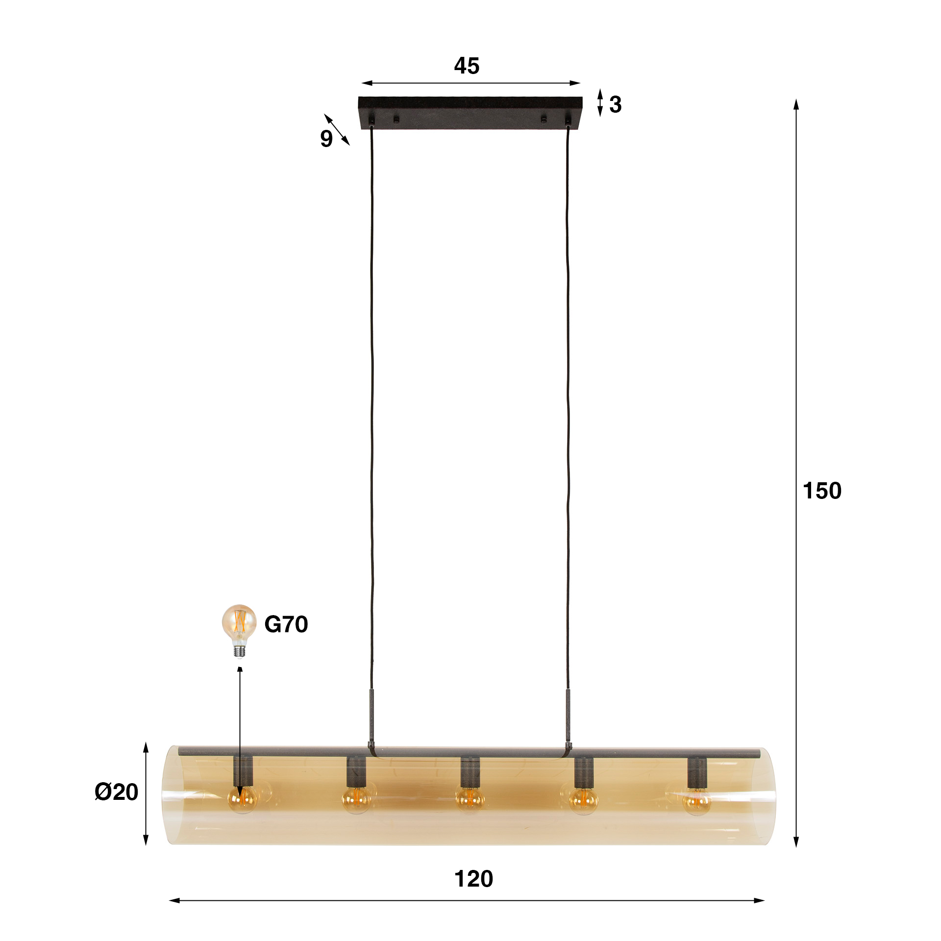 Lámpara colgante tubo 5L cristal ámbar / Negro ártico