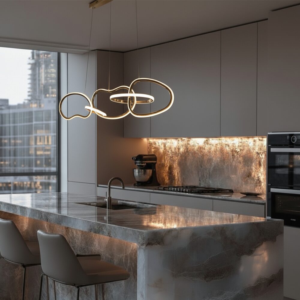 Lámpara colgante Aurora – Diseño 5 aros Oro 120 cm