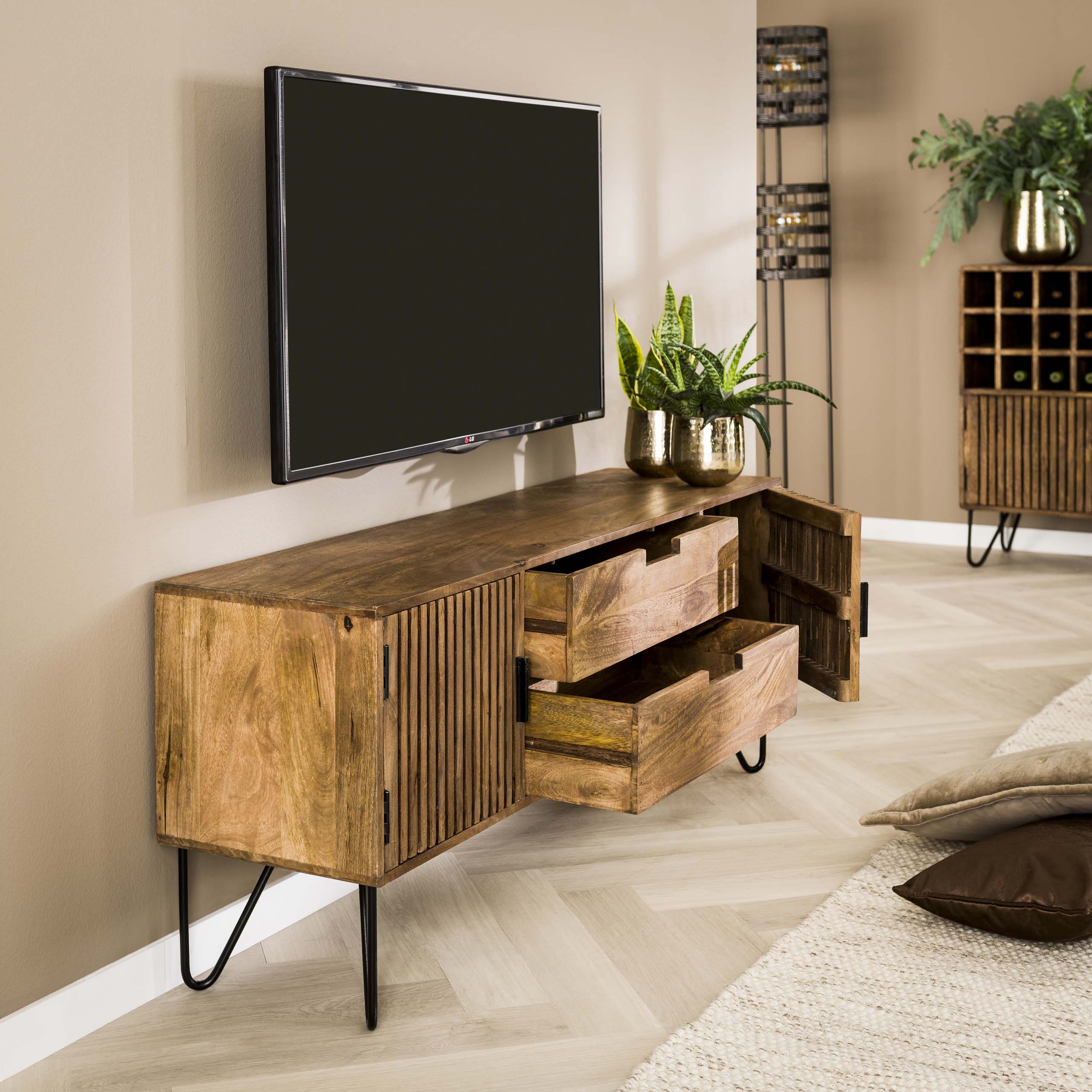 Mueble TV tweak 2 cajones 2 puertas - Mango macizo color arena