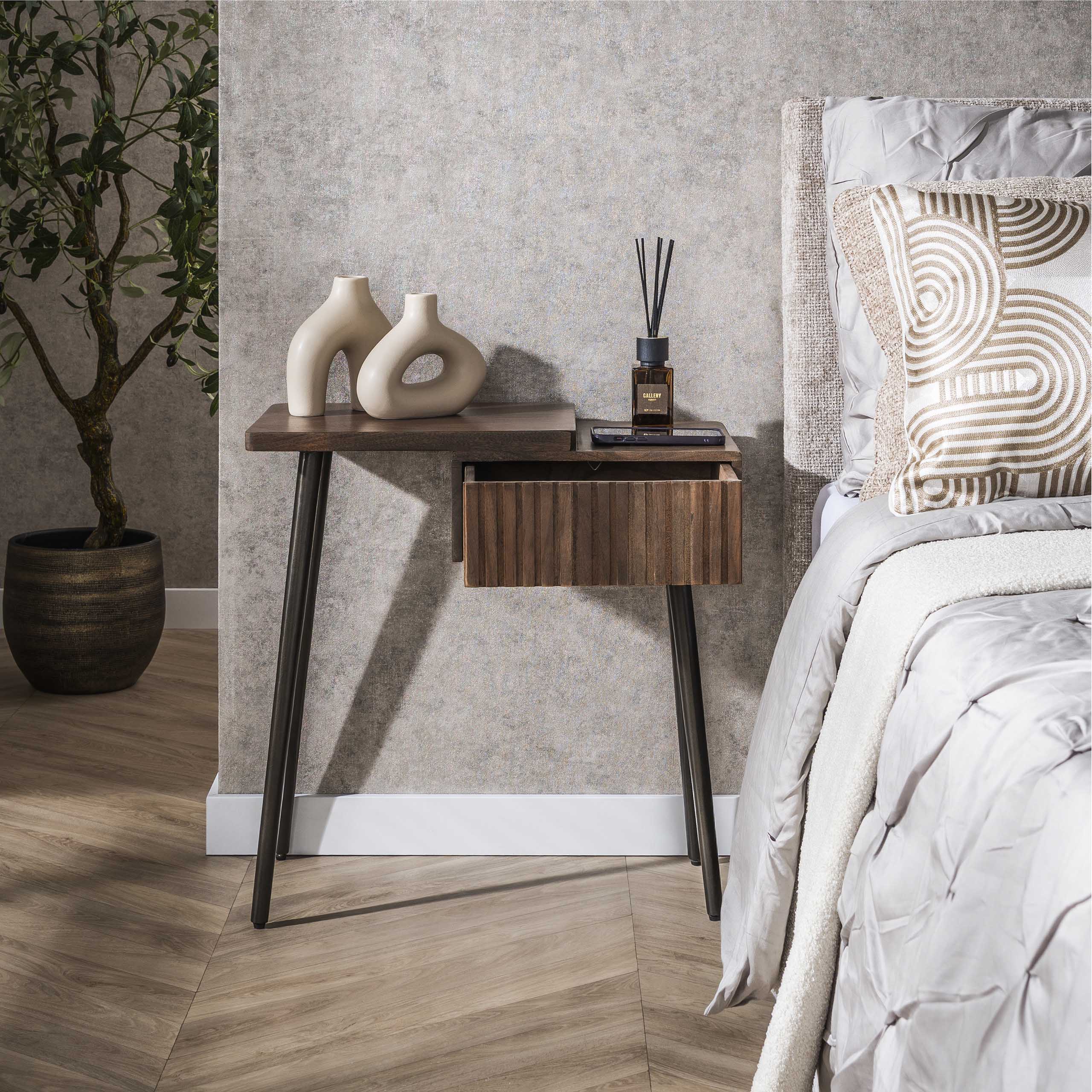 Mesita de noche Carve 1 cajón izquierda - Acacia maciza marrón