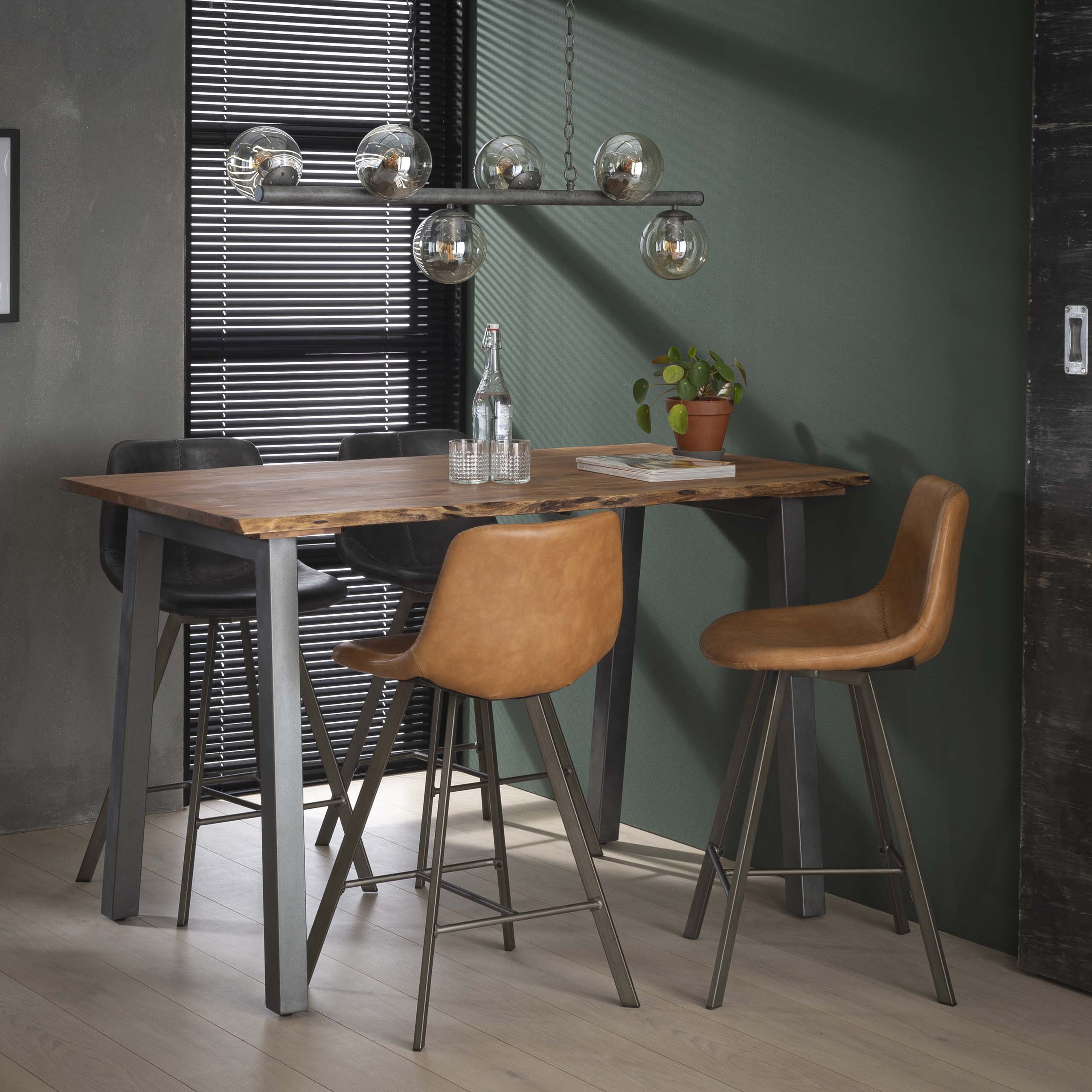 Silla de bar estructura plana en zig-zag PU 4 / Sillín PU cuero de vaca marrón