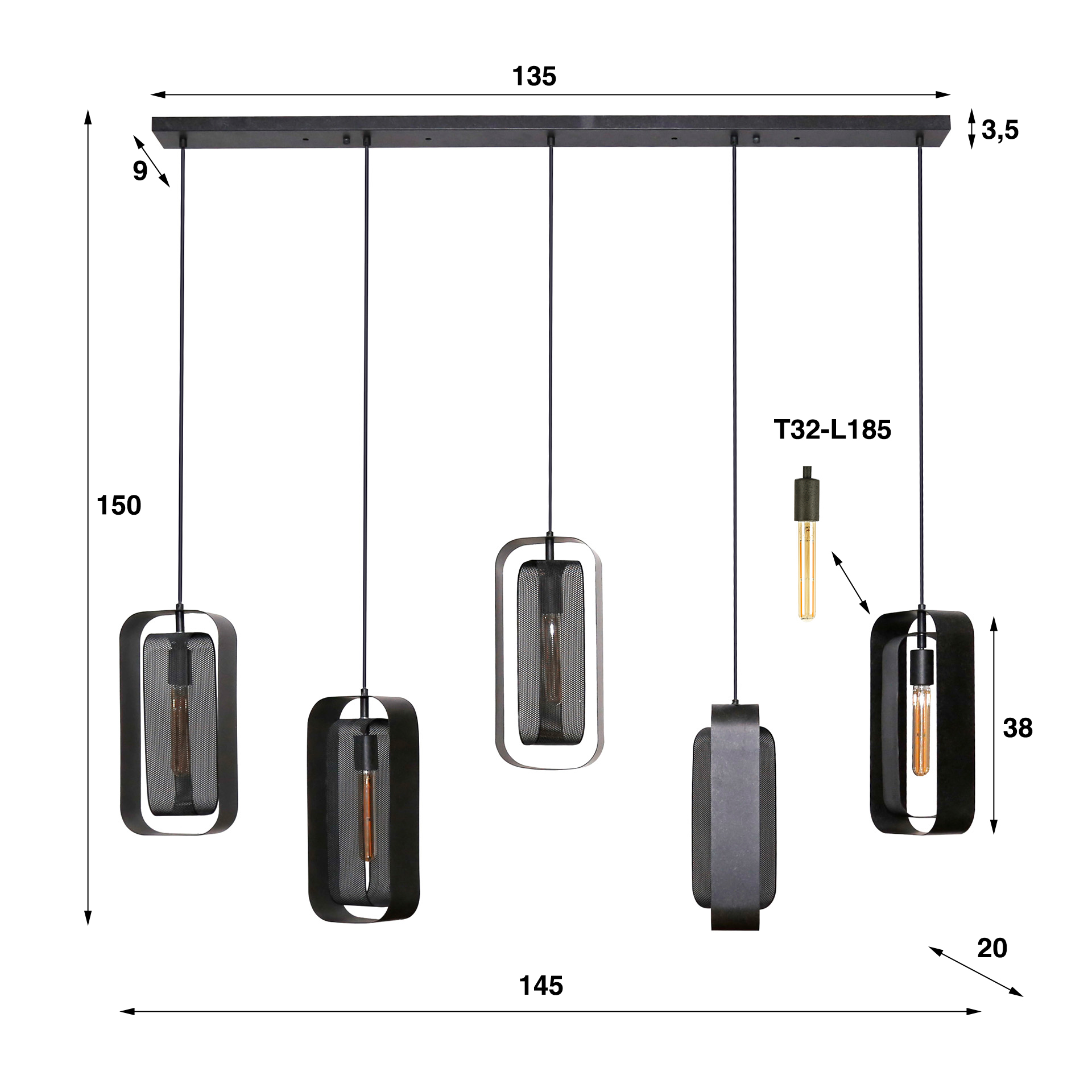 Lámpara colgante 5L malla giratoria/Negro ártico