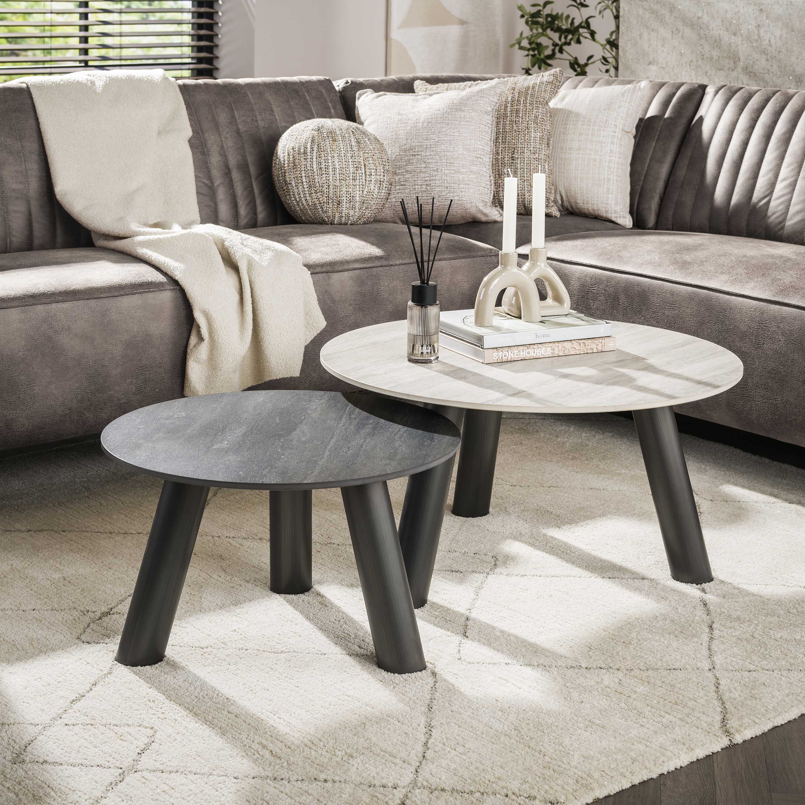 Mesa de centro Twin round - Juego de 2 - Travertino negro/gris