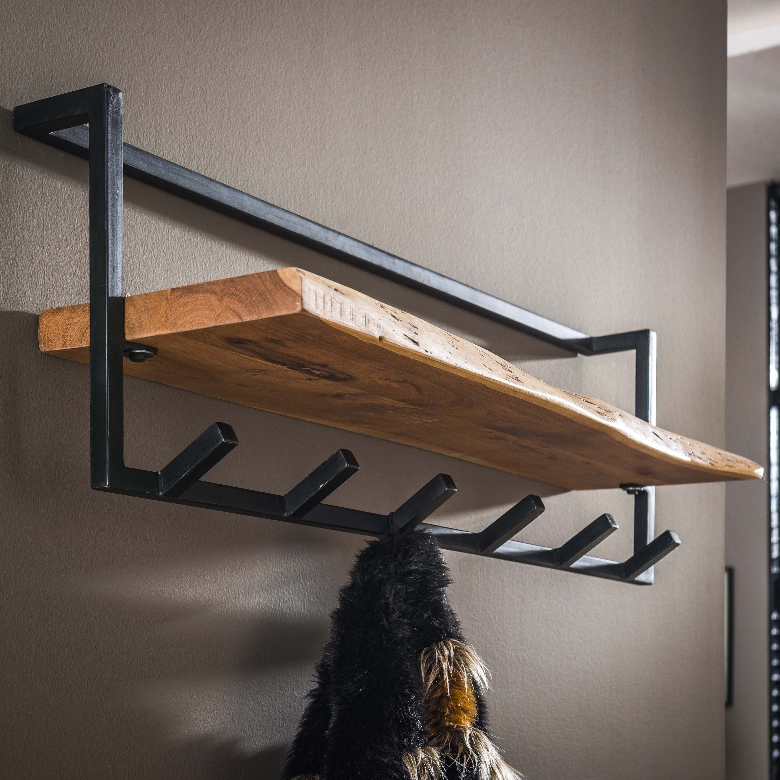 Perchero borde estante 6 ganchos / Acacia maciza natural