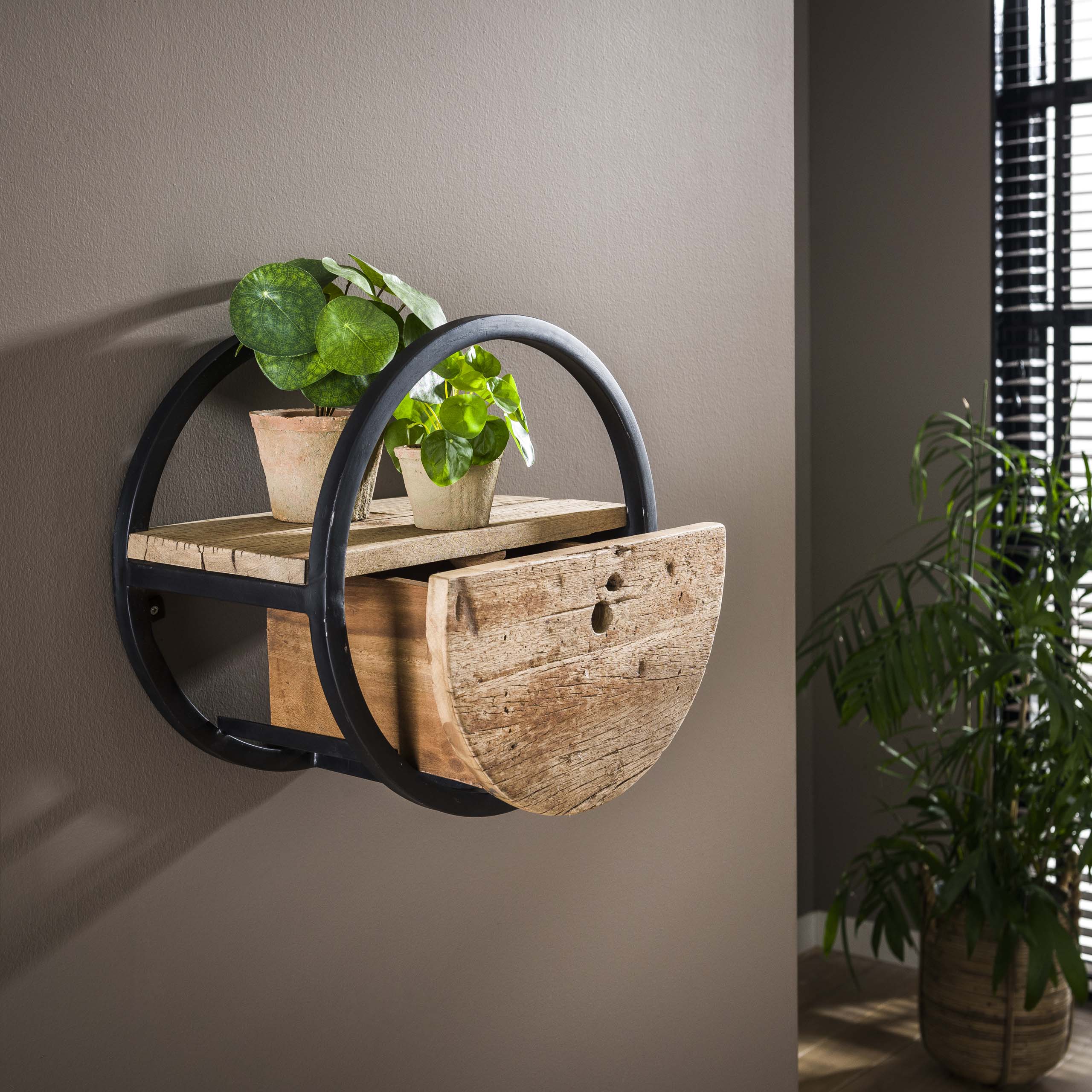 Estante de pared circular Ø40 con cajón / Madera robusta