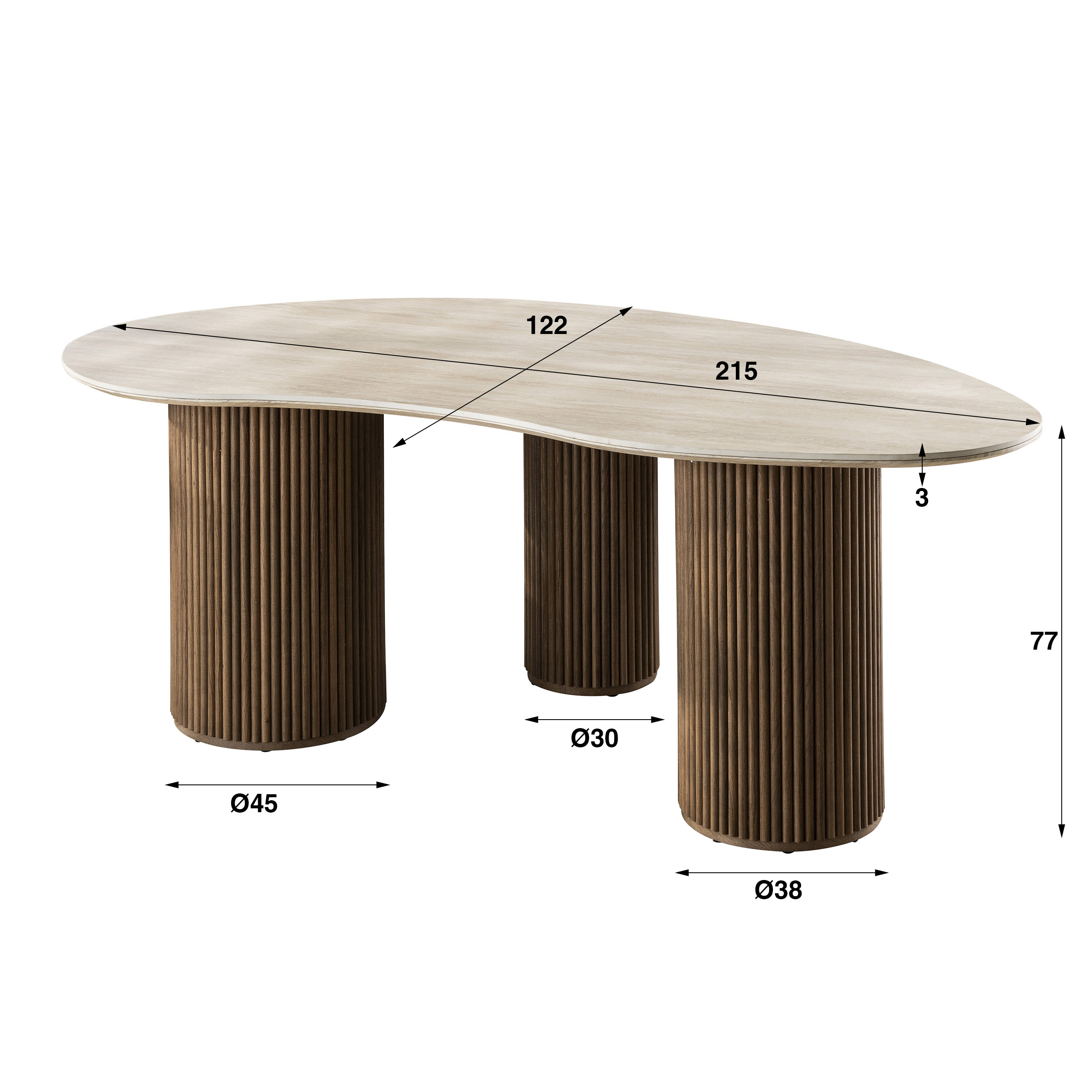 Mesa de comedor Romano en forma de riñon 215 cm - travertino cerámico 3D