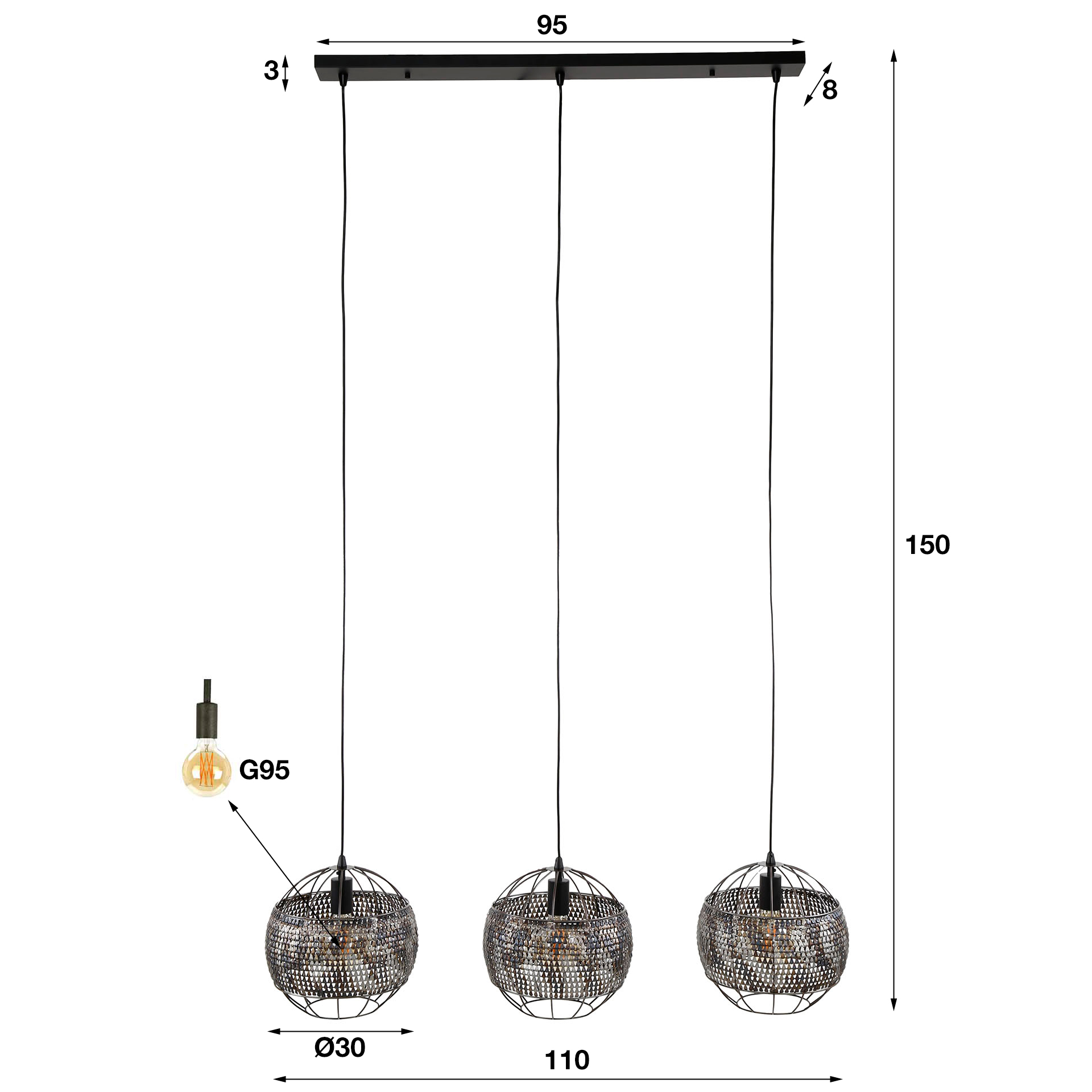 Hanging lamp 3L Ø30 armor open / Black brown