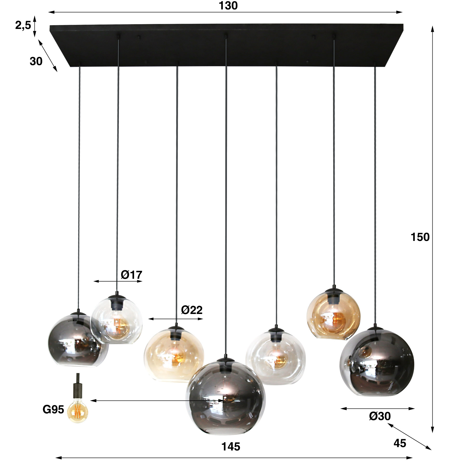 Lámpara colgante 4+3 multi globo XL / Negro ártico