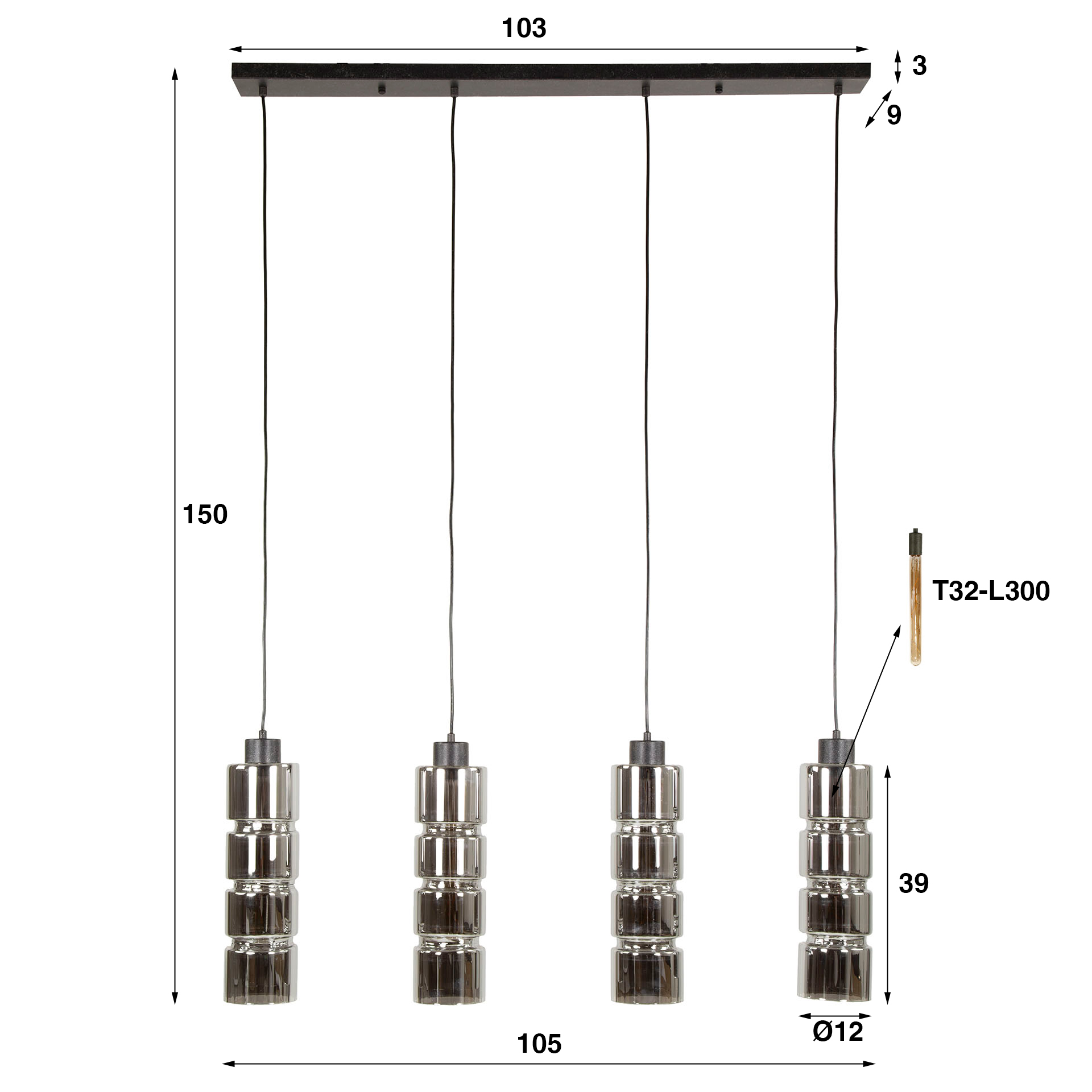 Lámpara colgante 4L cilindro cristal/negro Artic