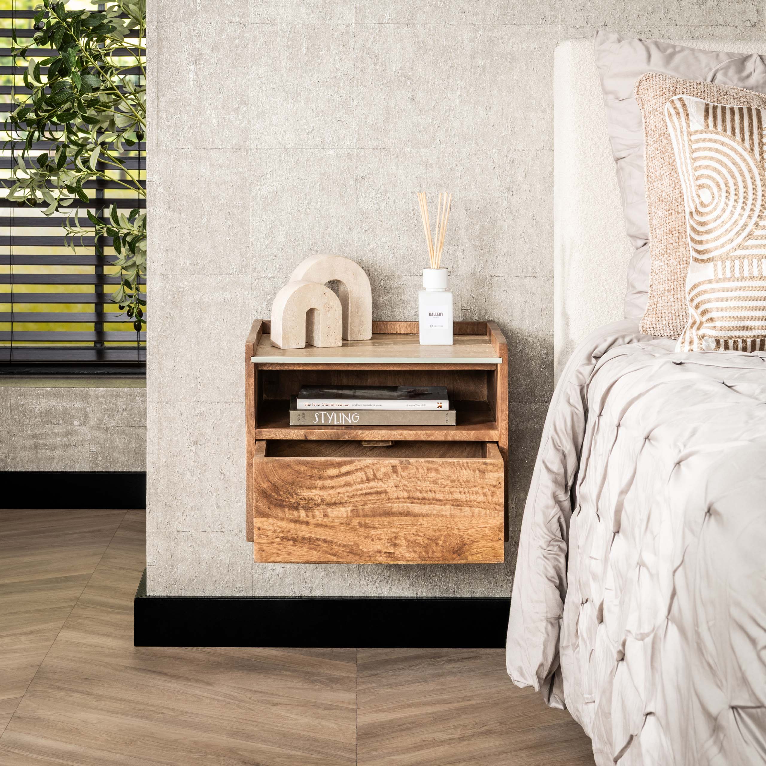 Mesita de noche flotante Nuovo - 1 cajón - Mango macizo color arena