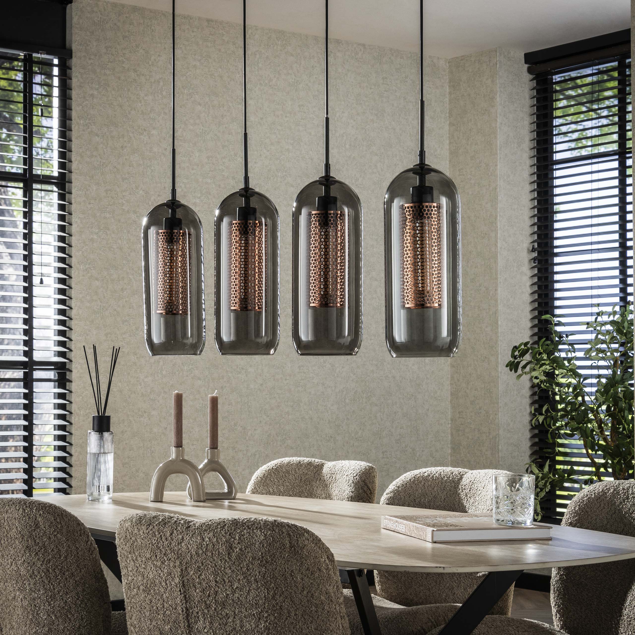 Lámpara colgante 4L cristal ahumado acero perforado / Negro ártico