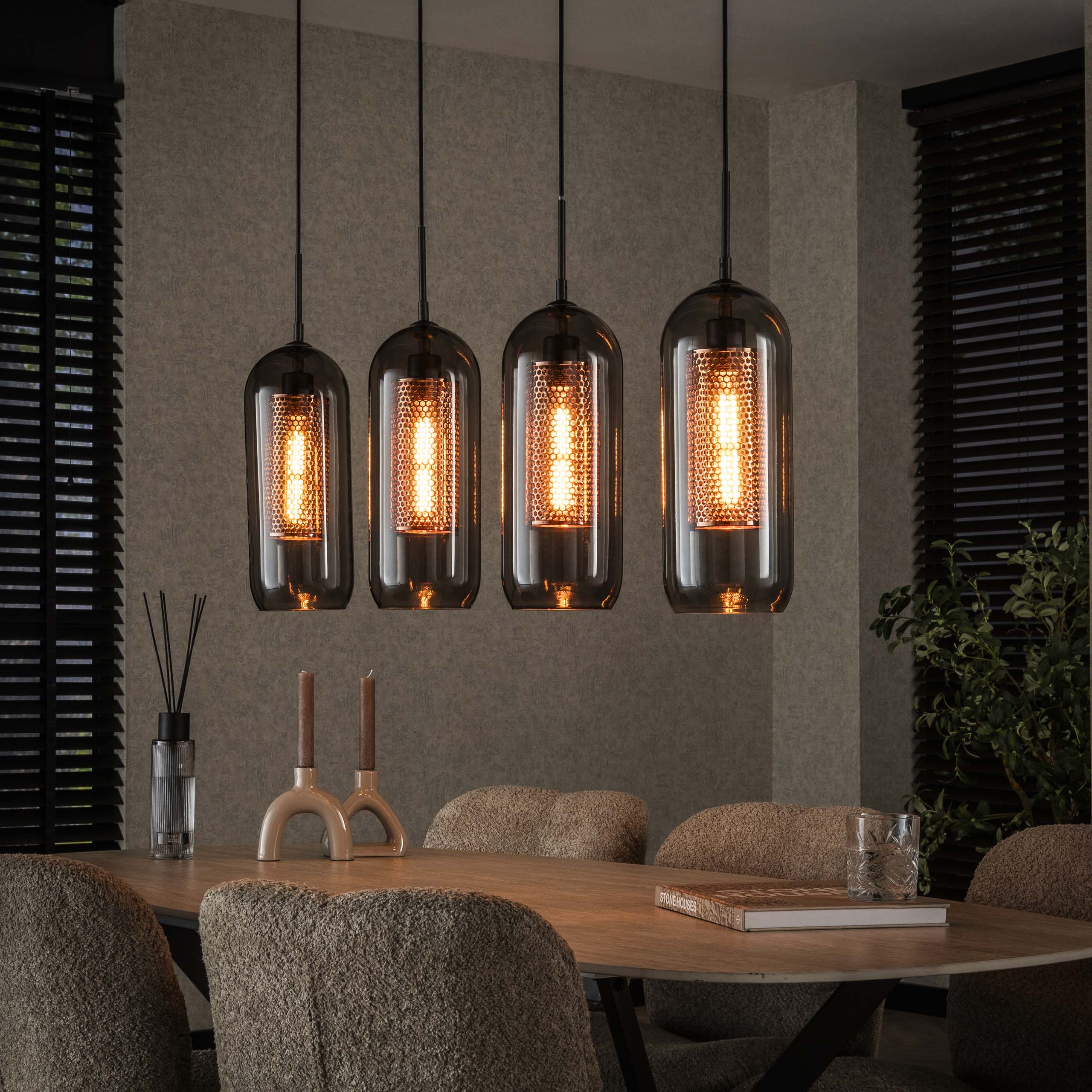 Lámpara colgante 4L cristal ahumado acero perforado / Negro ártico