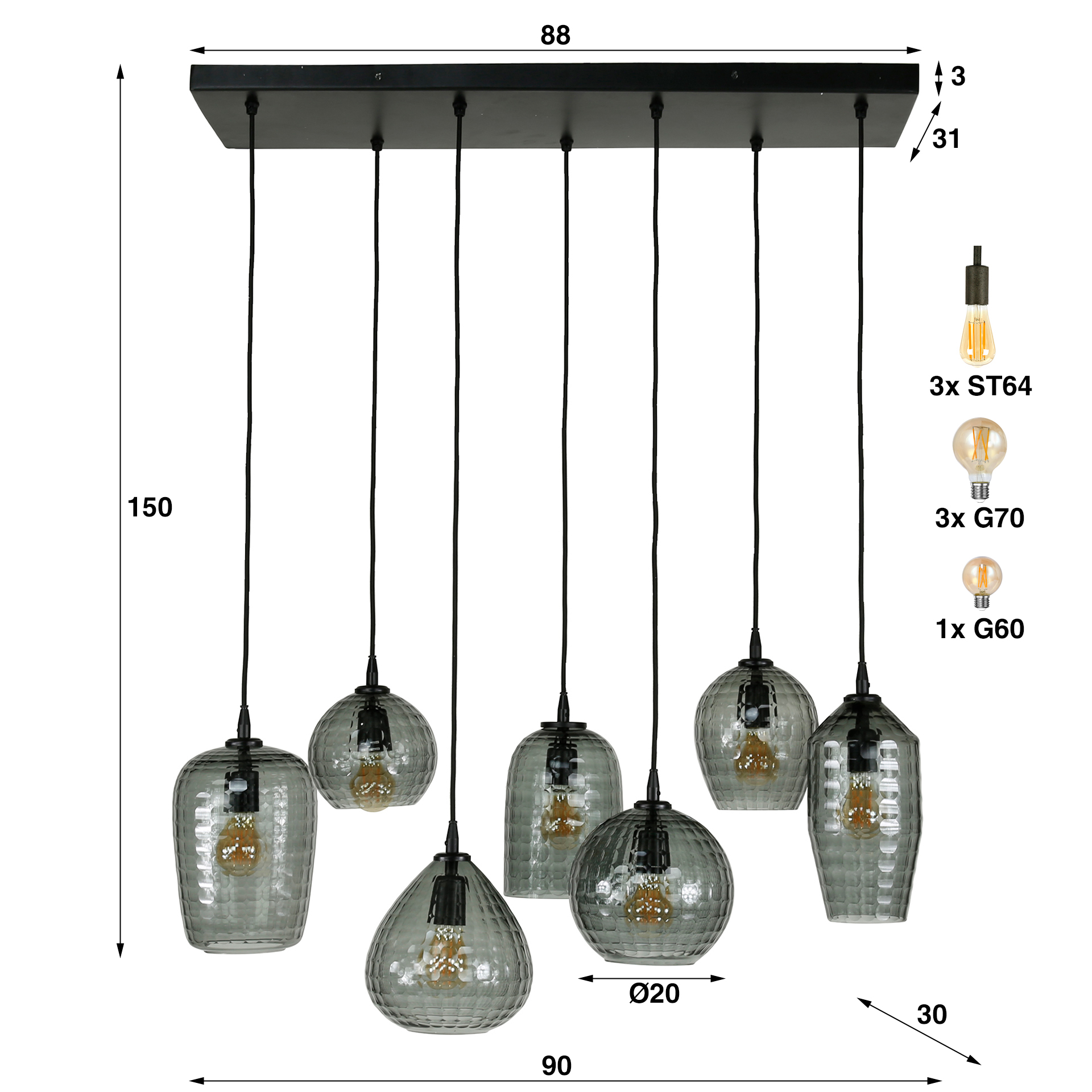 Lámpara colgante Hexagon 4+3 luces - Vidrio gris humo