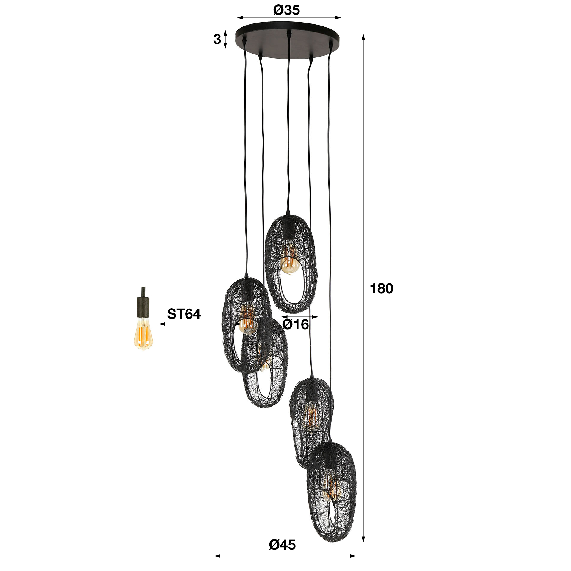 Lámpara colgante 5L ojo abierto alambre/Negro ártico