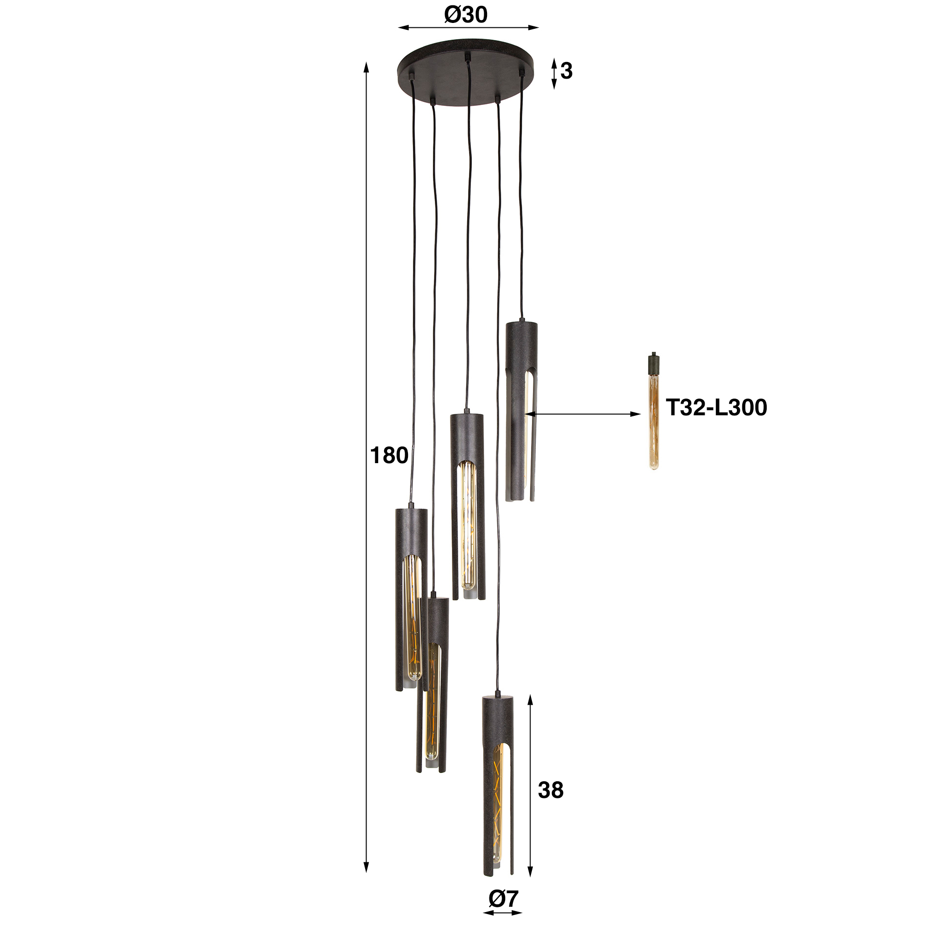 Lámpara colgante 5L tubo escalonado/Negro Artic