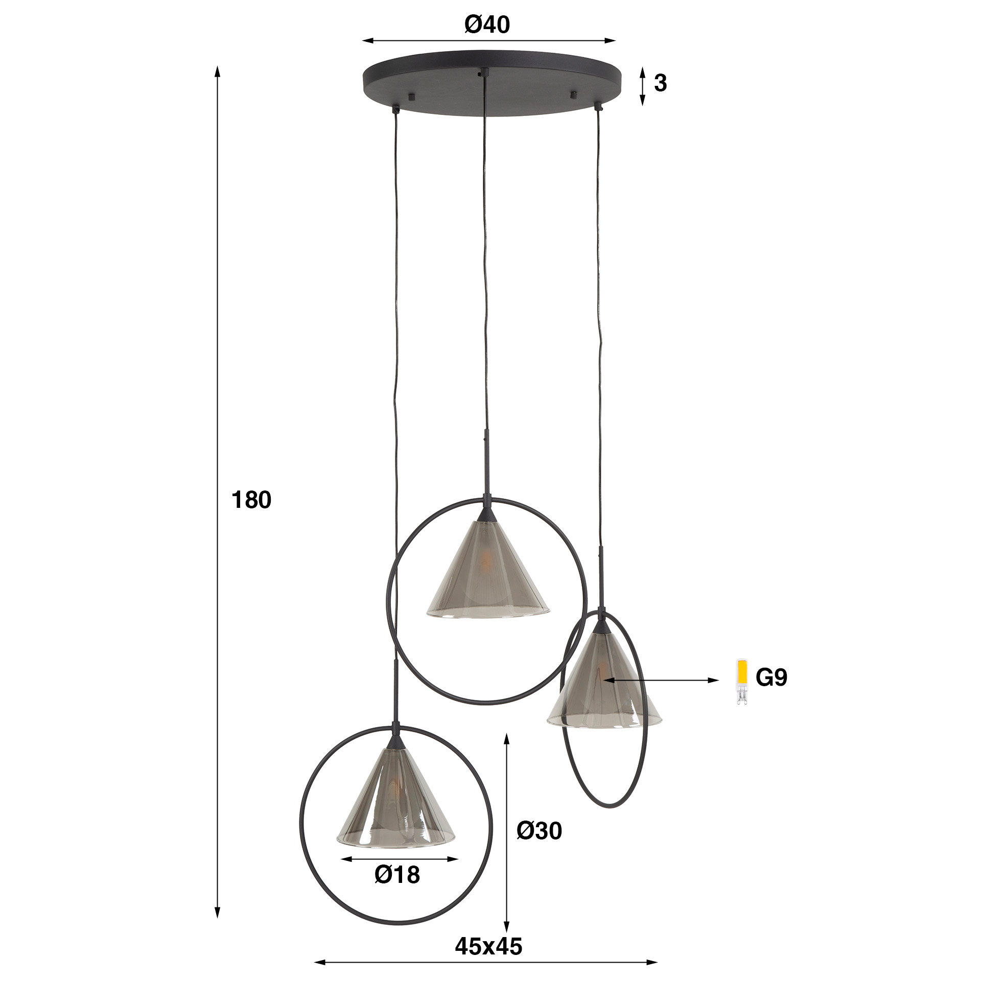 Hanging lamp 3L ring stepped tapered shade (G9) / Smoke gray glass