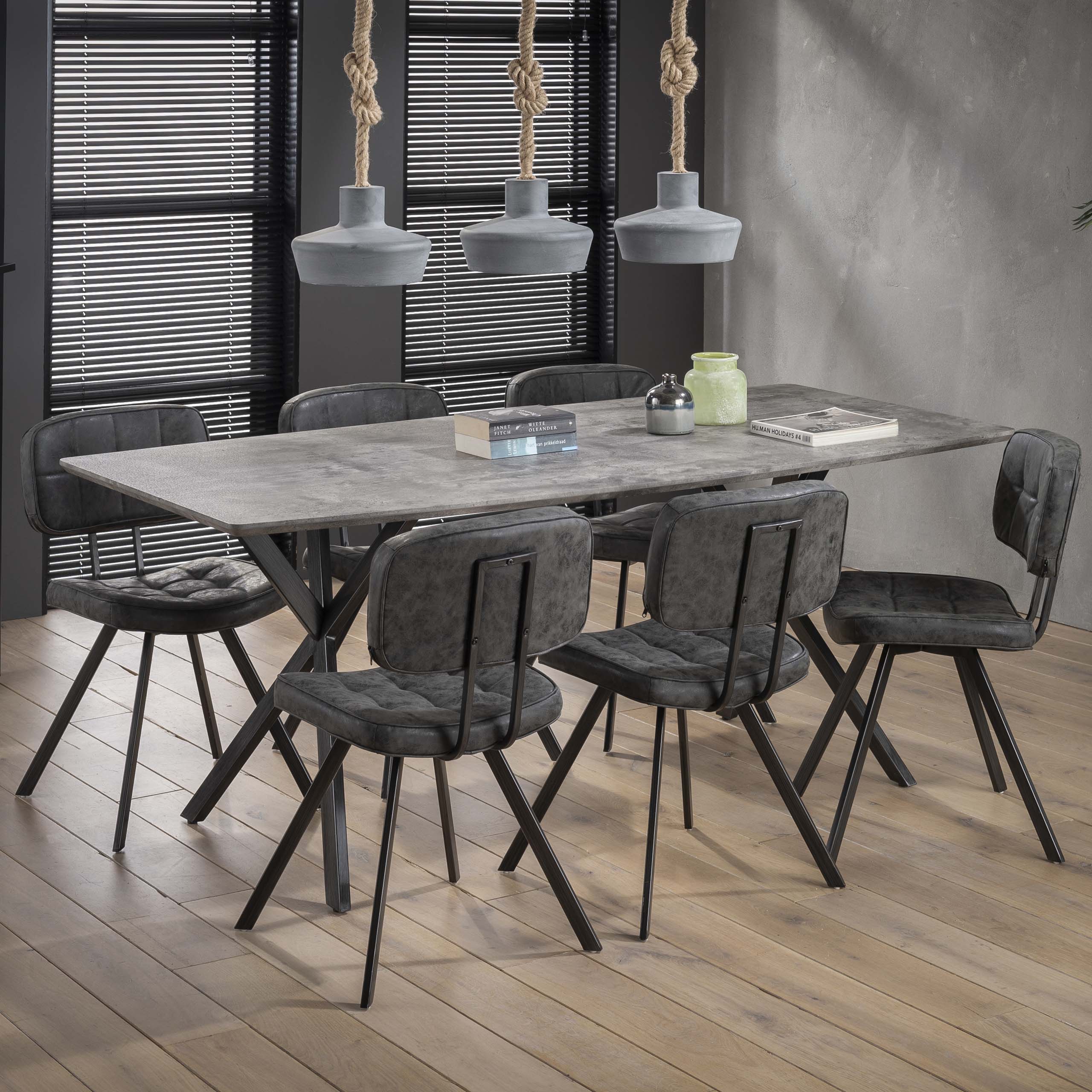Mesa de comedor 190 tablero ovalado estructura con recubrimiento en polvo negro / aspecto hormigón 3D gris