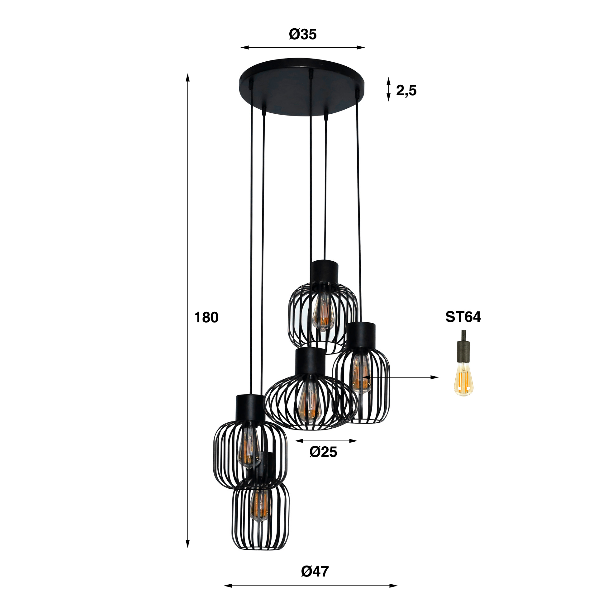 Hanging lamp 5L stepped mix metal / Charcoal