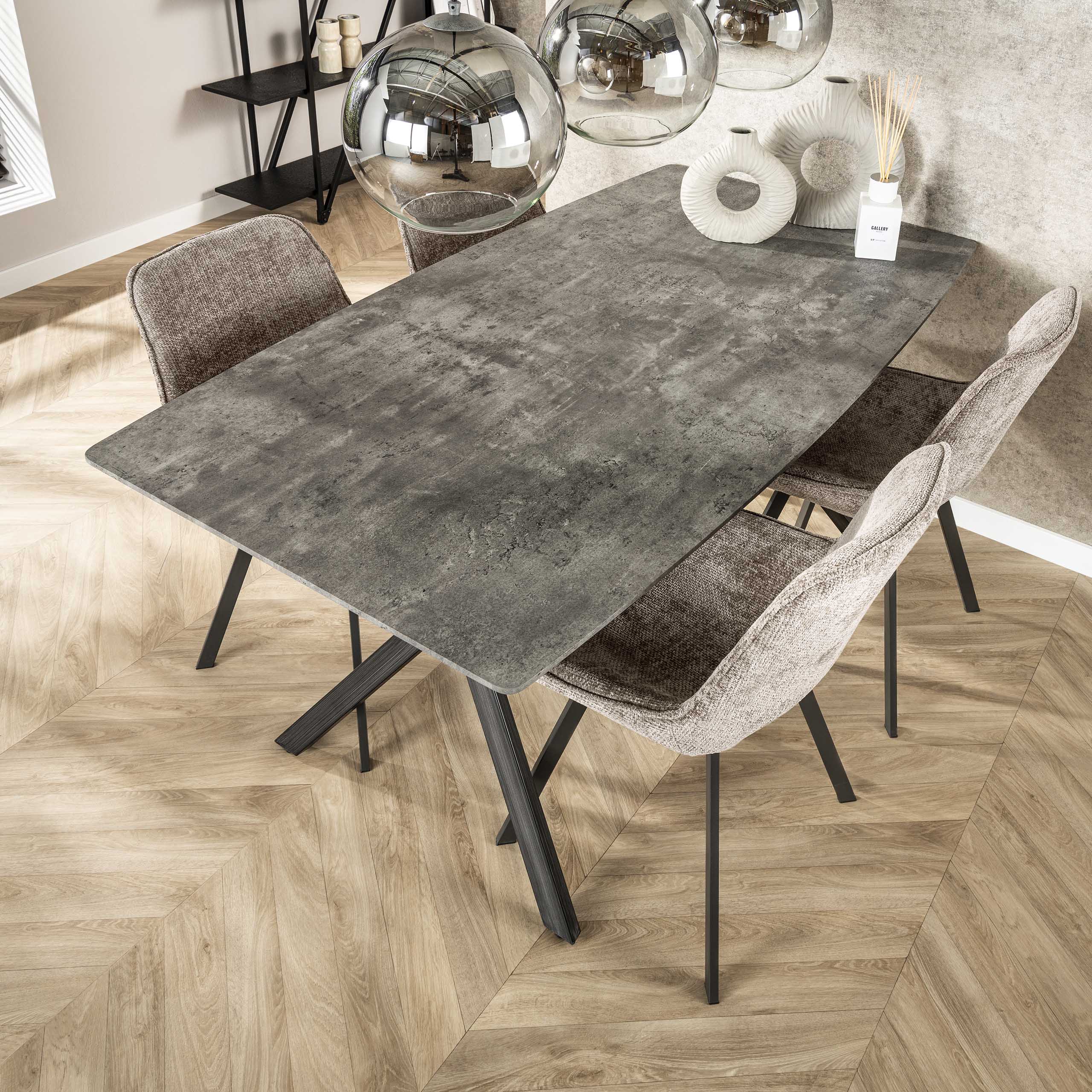 Mesa de comedor 160 tablero ovalado estructura con recubrimiento en polvo negro / aspecto hormigón 3D gris