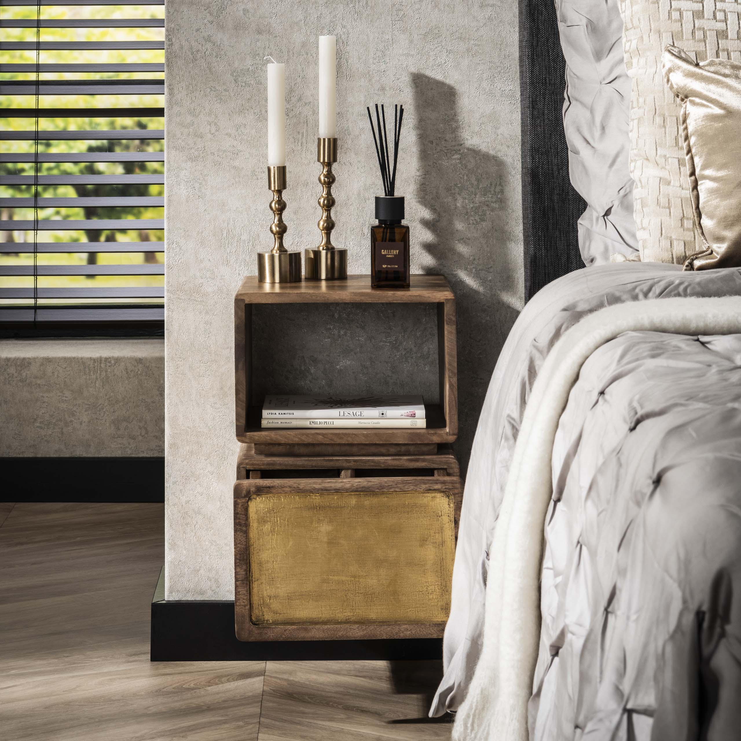 Bedside table Brass XS floating - 1 drawer - Solid mango sand