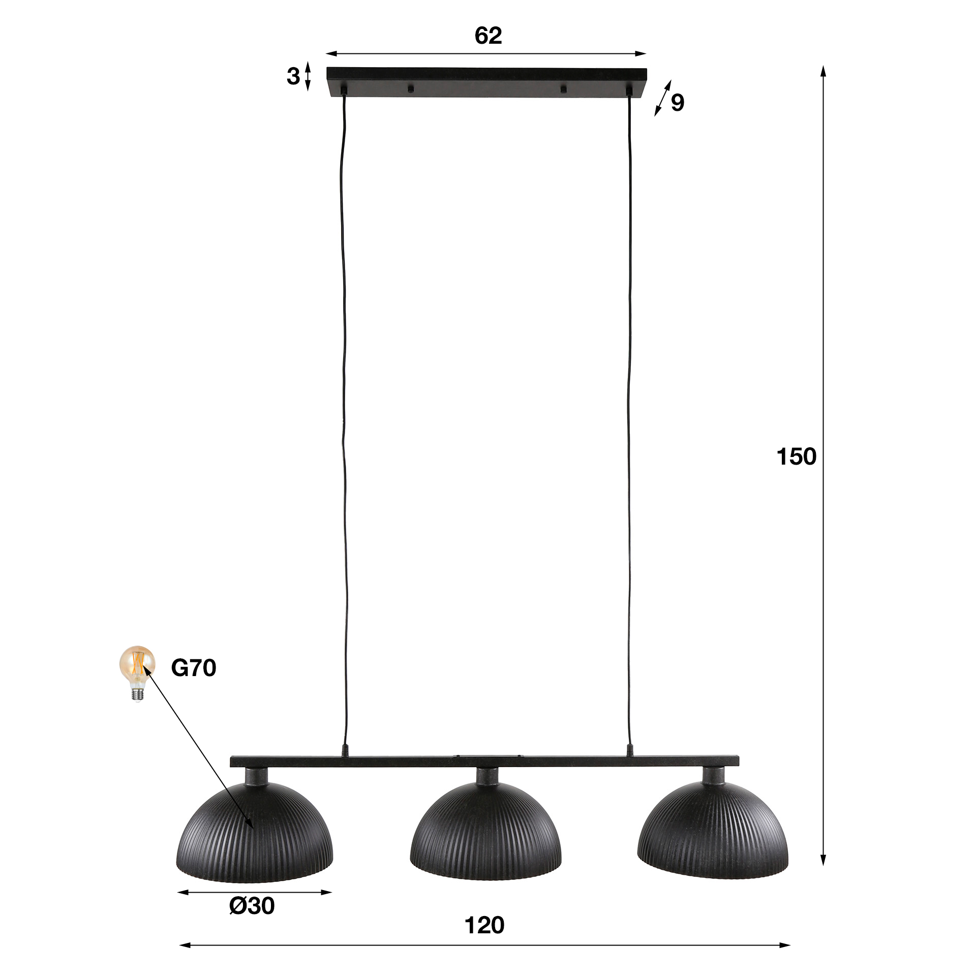 Hanging lamp 3L semi-circular shade-ribbed / Artic black