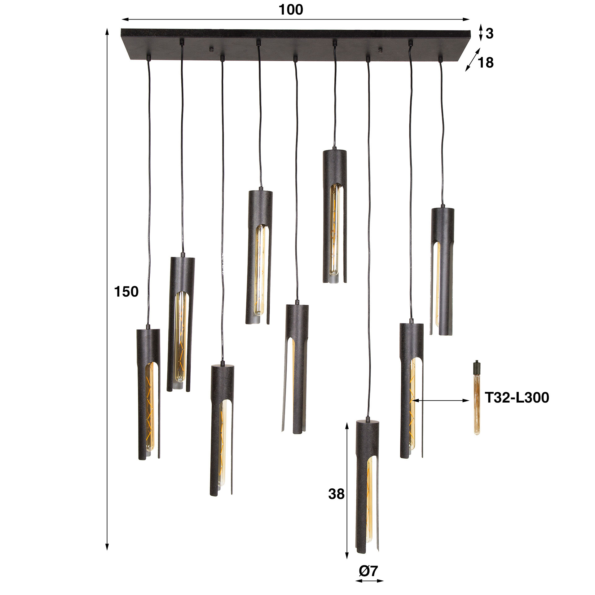 Lámpara colgante tubo 5+4 / negro Artic