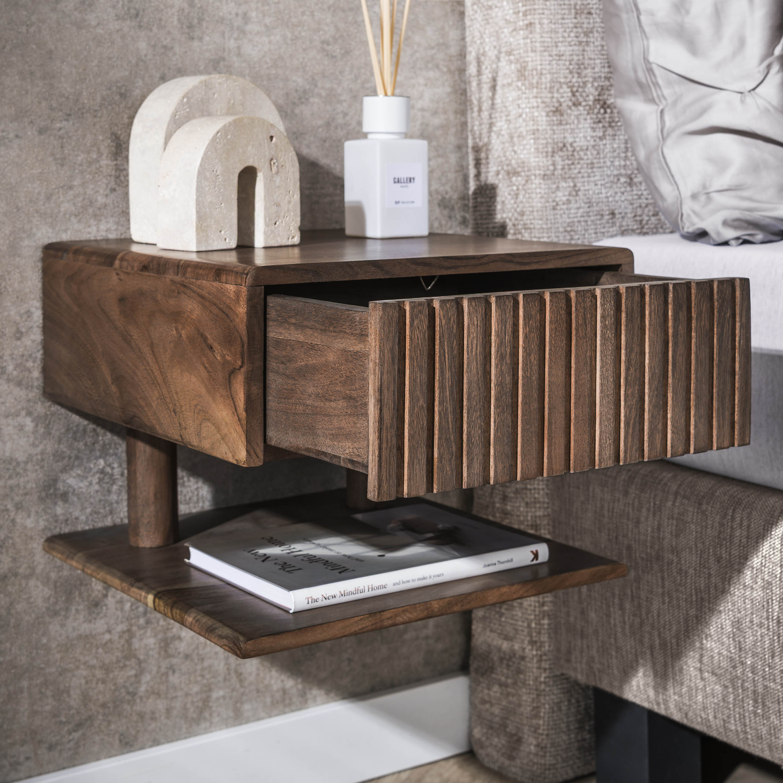 Mesita de noche Carve Shelve flotante - 1 cajón - Acacia marrón