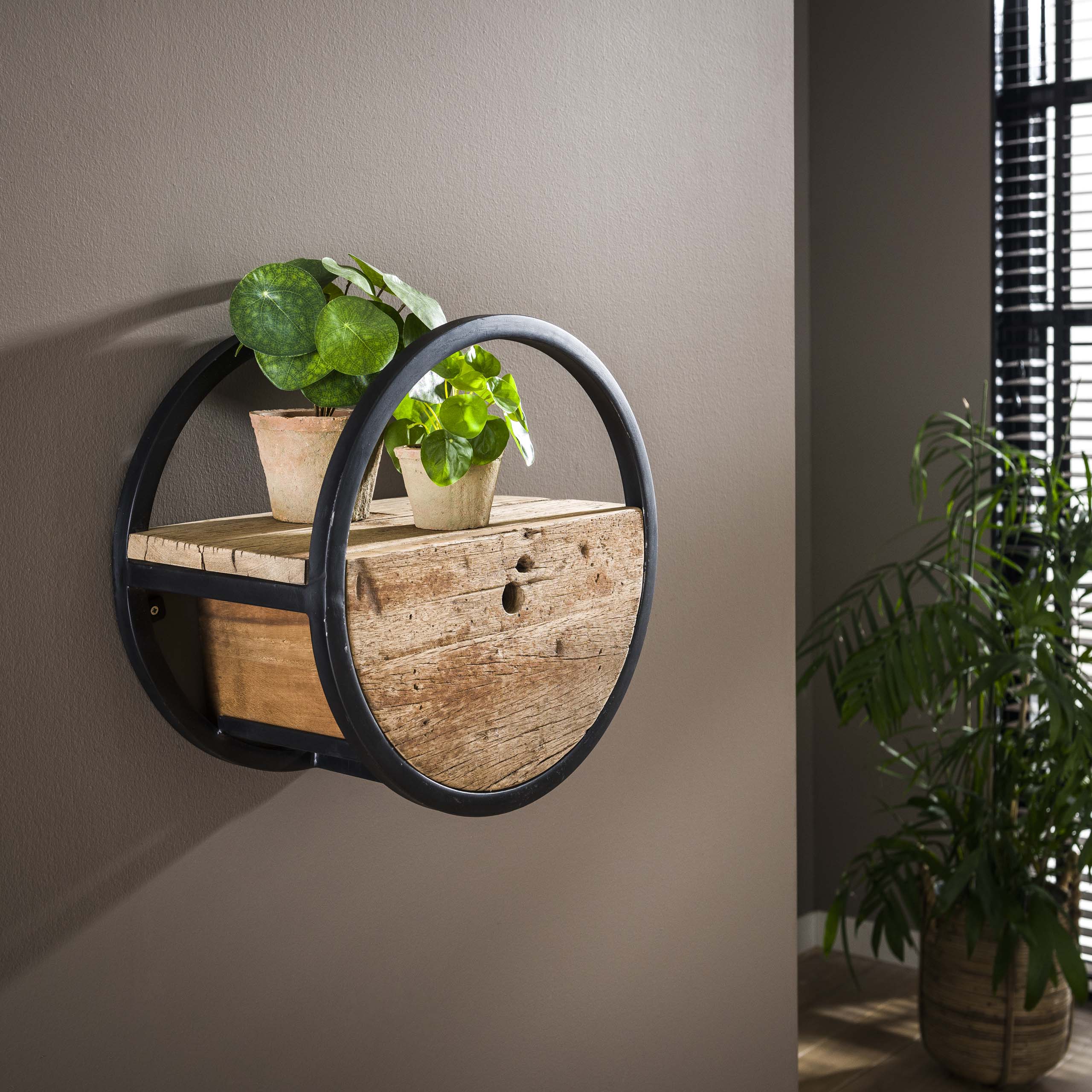 Estante de pared circular Ø40 con cajón / Madera robusta