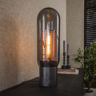 Lámpara de mesa vidrio ahumado acero perforado / Negro ártico