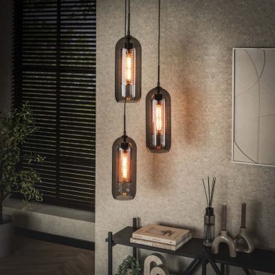 Lámpara colgante 3L escalonada vidrio ahumado acero perforado / Negro ártico