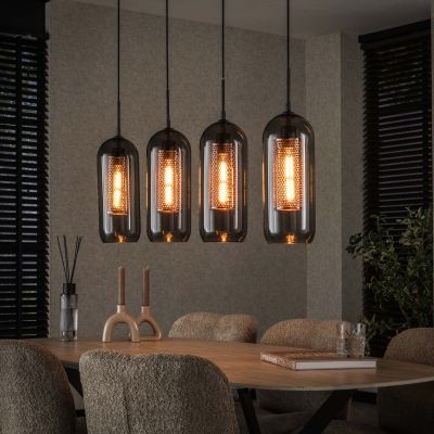 Lámpara colgante 4L cristal ahumado acero perforado / Negro ártico